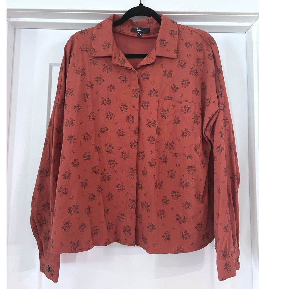 Lulus Womens Rust Floral Button Down Cotton Shirt Terracotta Long Sleeve Medium